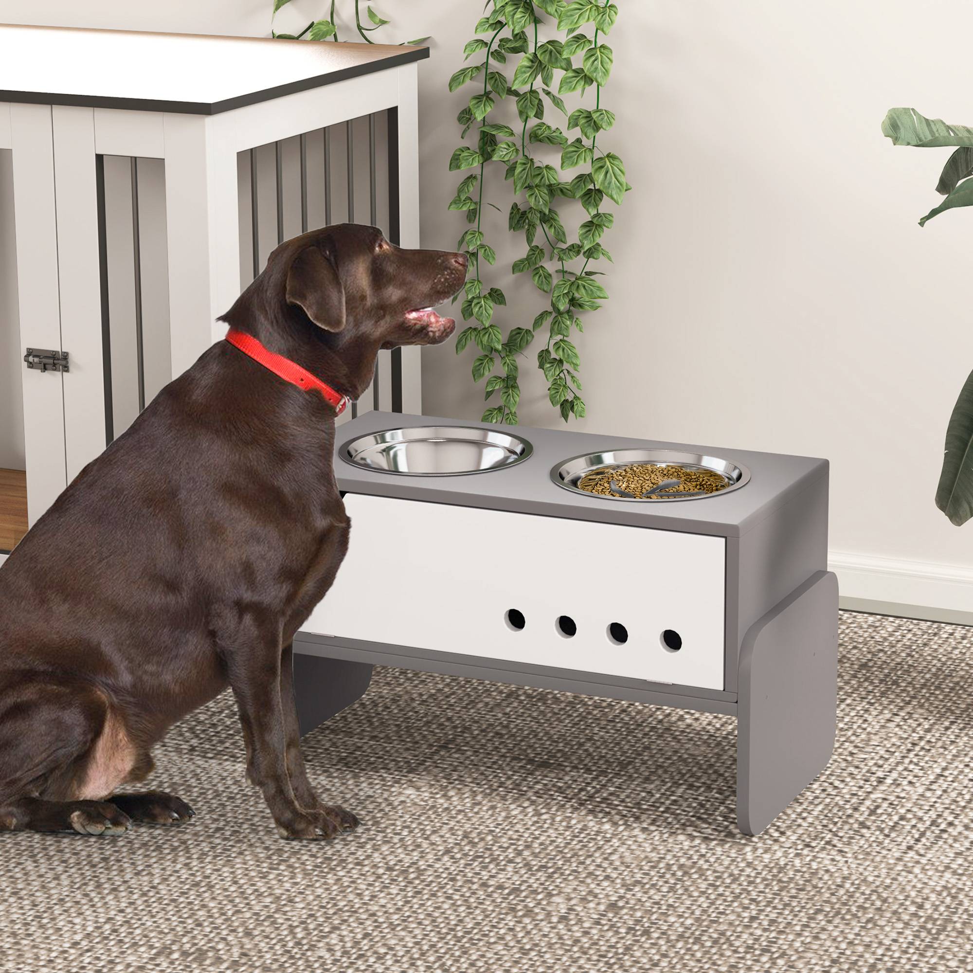 Sans Marque - Station alimentation surélevée chiens avec rangement et tapis anti-avalement 2 gamelles 2000ml inox grise - Image 4