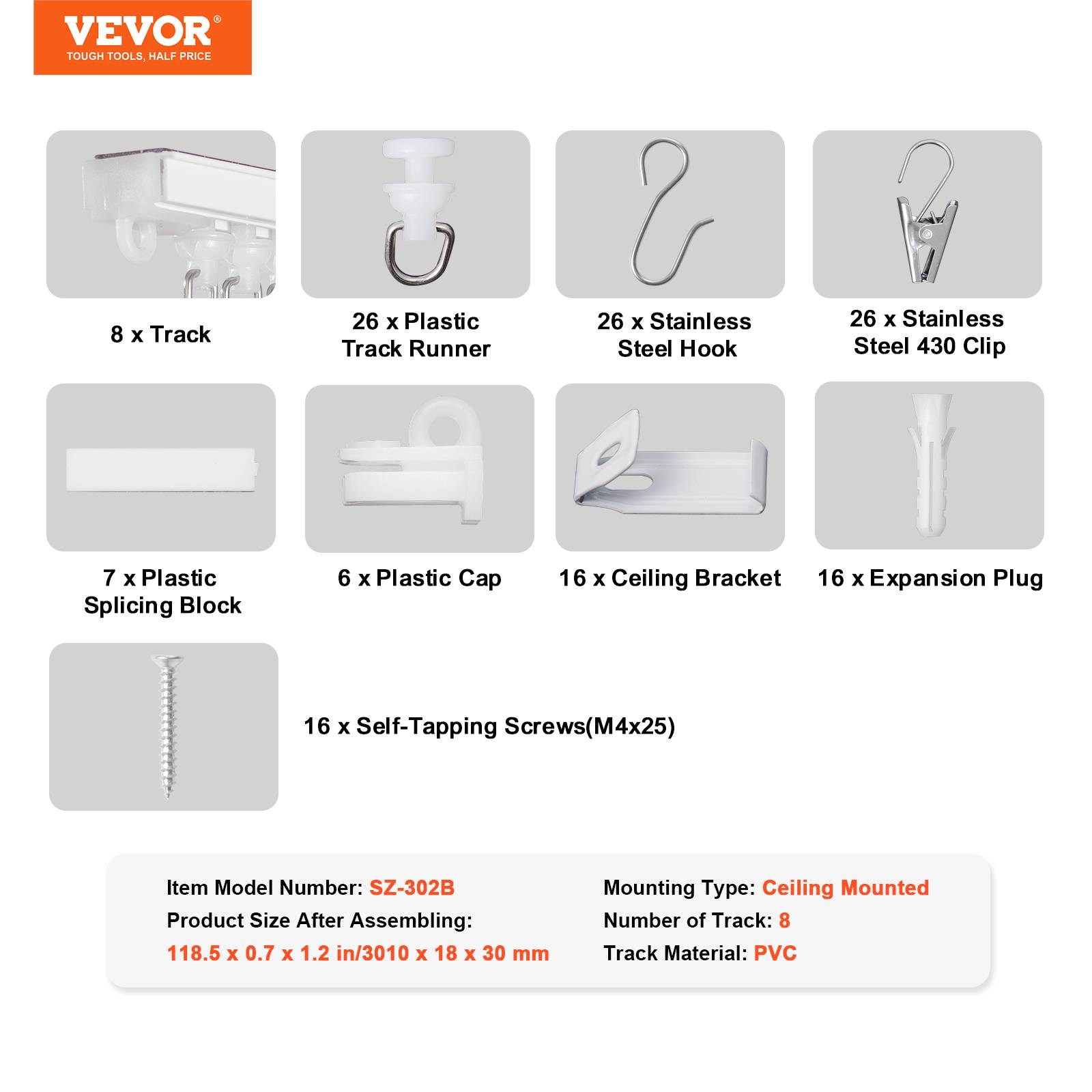VEVOR Ensemble rails rideaux plafond 3m, auto-adhésif, sans perçage, séparation pièce. - Image 7