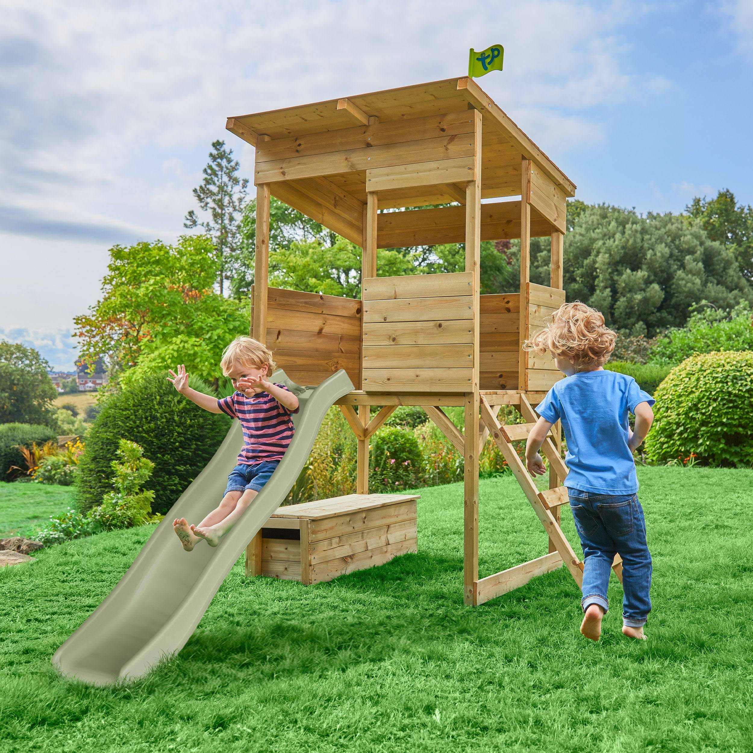Cabane sur pilotis en bois FSC® avec toboggan vert kaki CIMES - Image 1