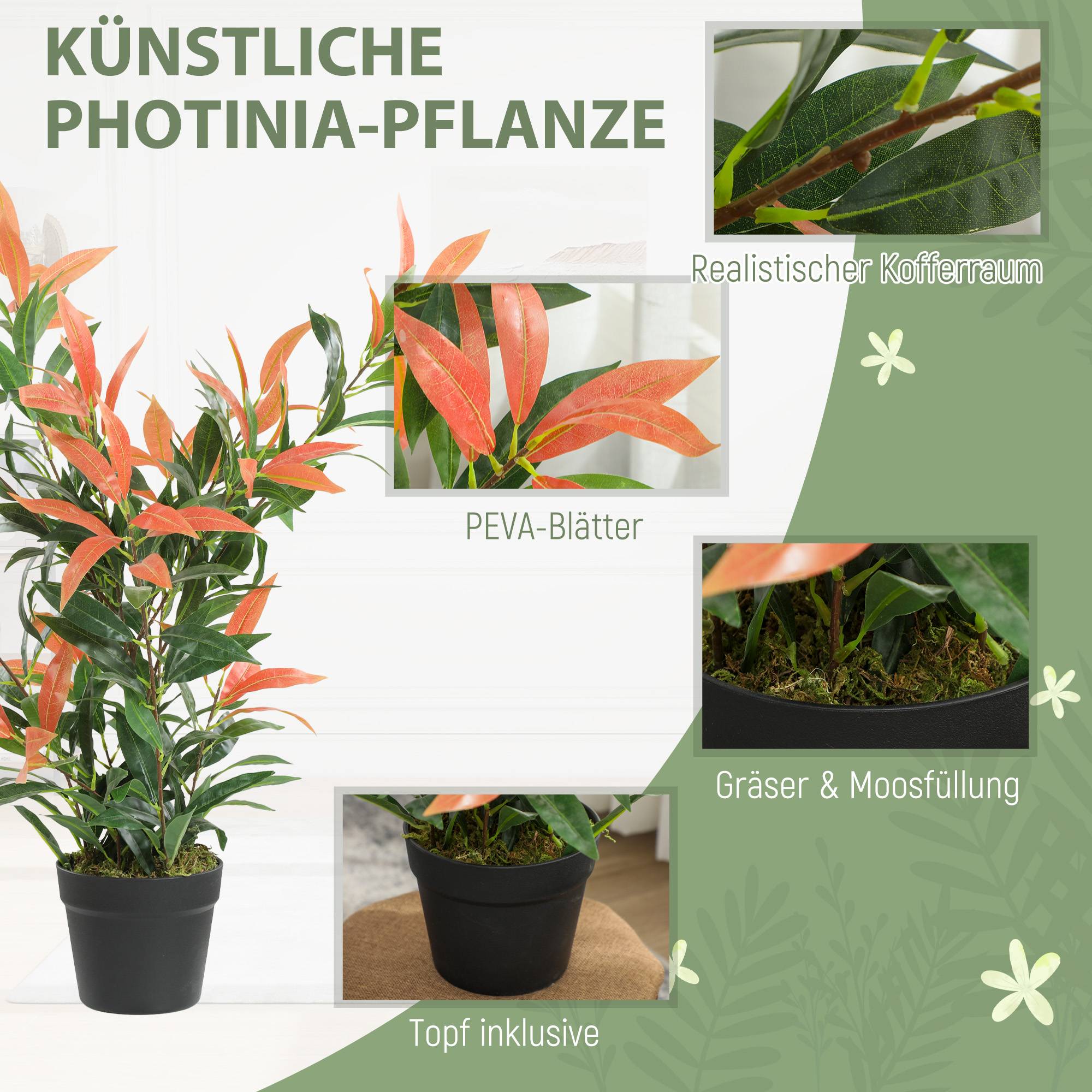 Sans Marque - Photinia artificiel 90cm, 300 feuilles, branches ajustables, 45x45x90 cm, rouge+vert - Image 6