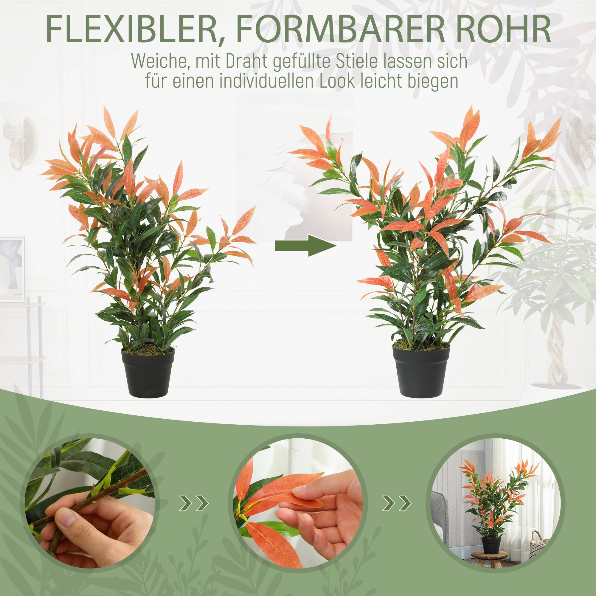Sans Marque - Photinia artificiel 90cm, 300 feuilles, branches ajustables, 45x45x90 cm, rouge+vert - Image 8