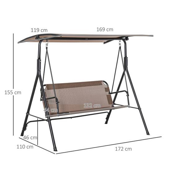 Balançoire de jardin terrasse 2 places, toit réglable métal et texteline, 172x110x155cm, marron - Image 5