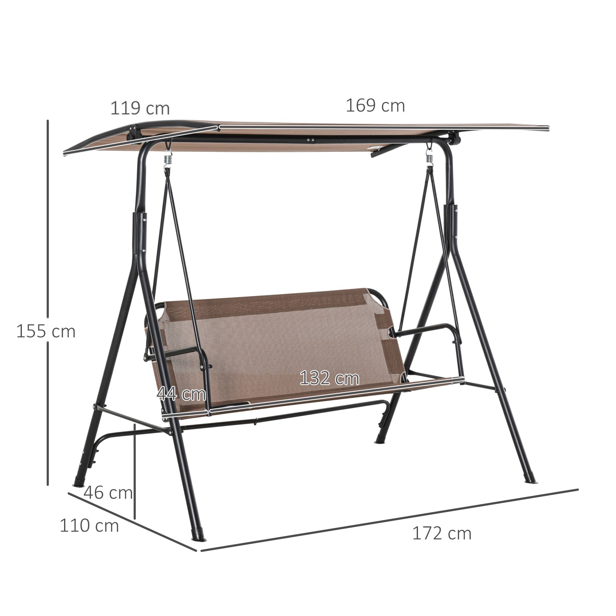 Balançoire de jardin terrasse 2 places, toit réglable métal et texteline, 172x110x155cm, marron - Image 5
