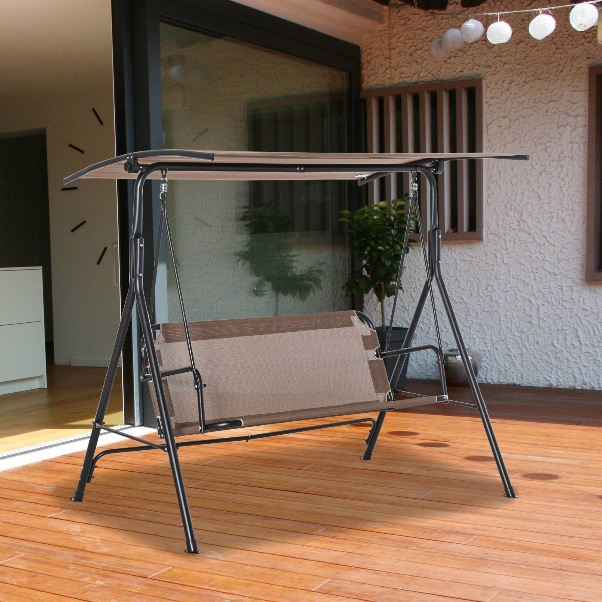 Balançoire de jardin terrasse 2 places, toit réglable métal et texteline, 172x110x155cm, marron - Image 4