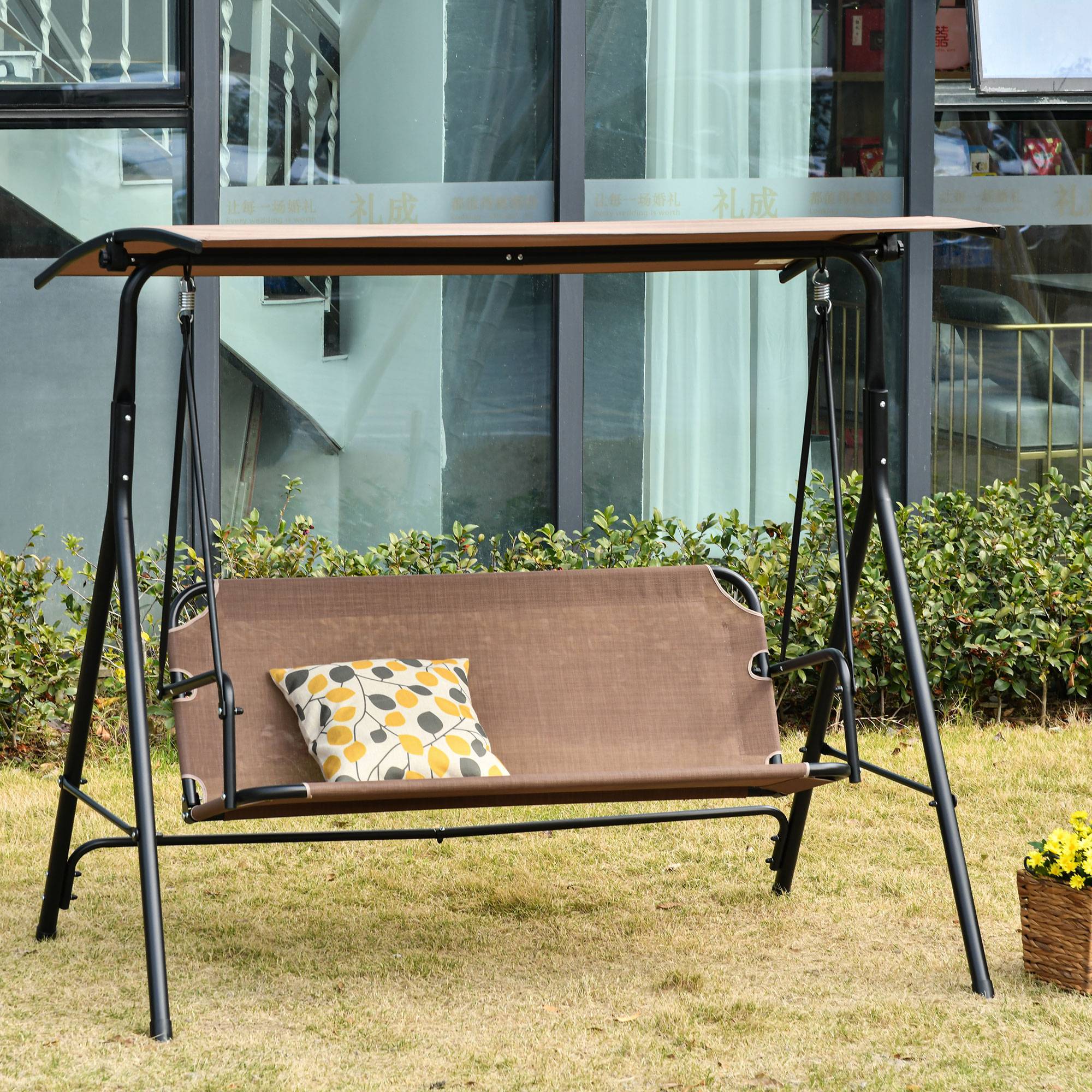 Balançoire de jardin terrasse 2 places, toit réglable métal et texteline, 172x110x155cm, marron - Image 3