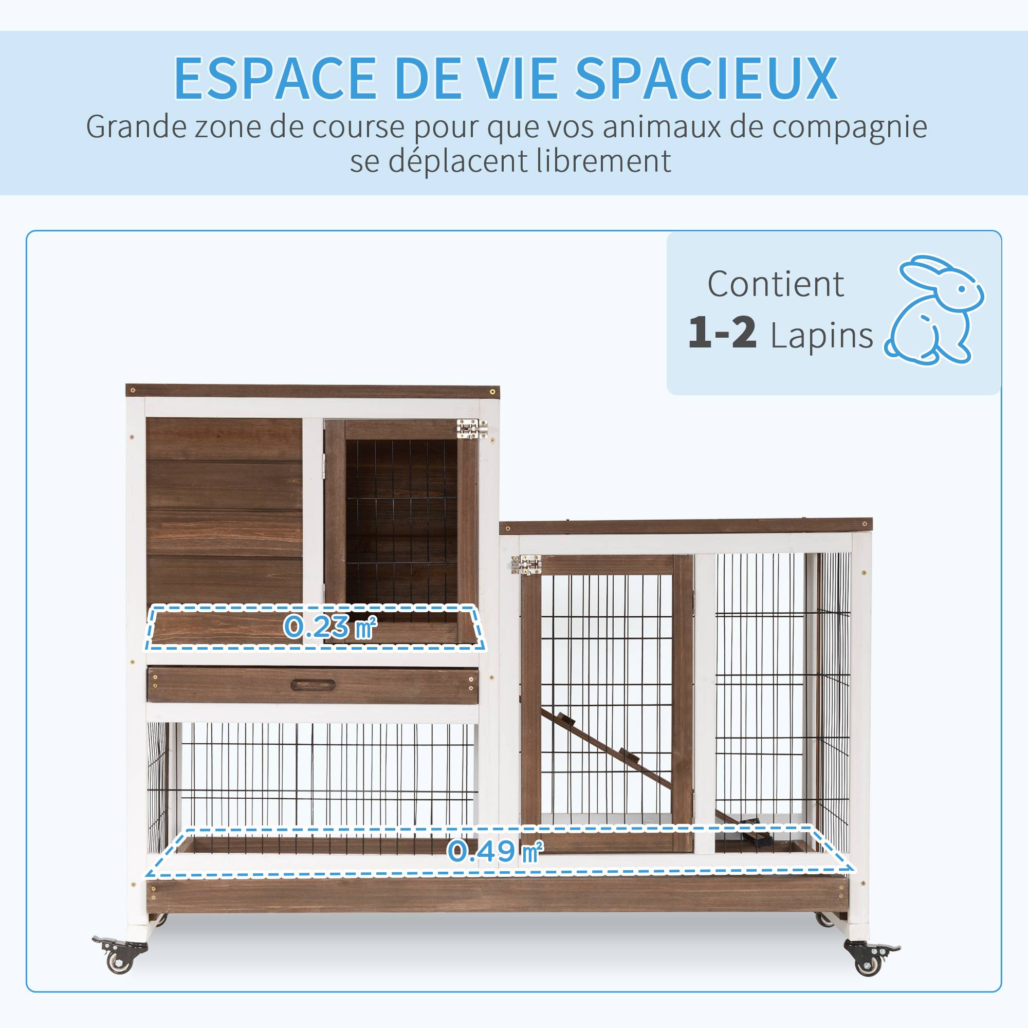 Clapier lapin sur roulettes, deux étages, 2 portes verrouillables, 2 plateaux coulissants, rampe - Image 6