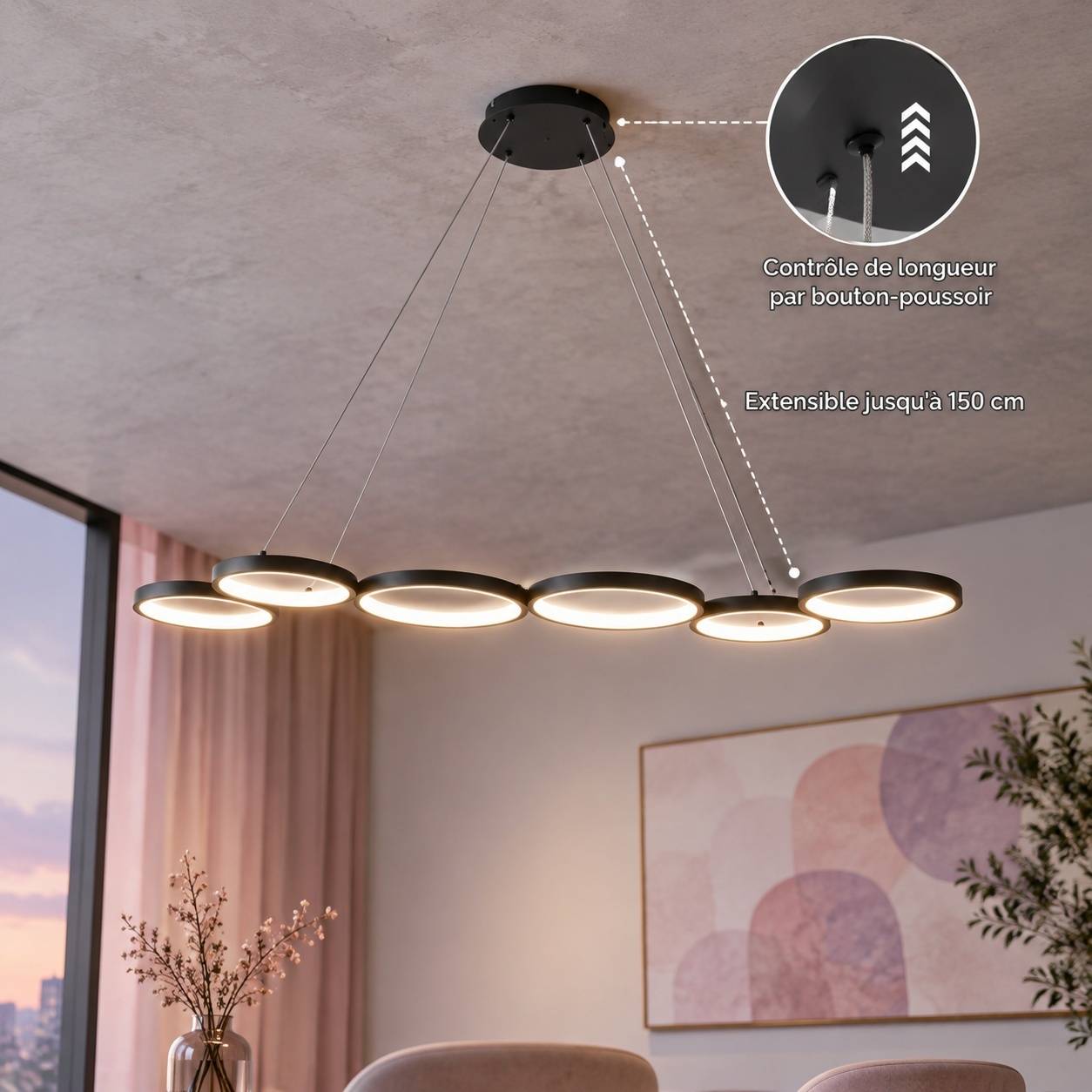 Suspension LED 6 Anneaux Dimmable Télécommande Ajustable - Image 6