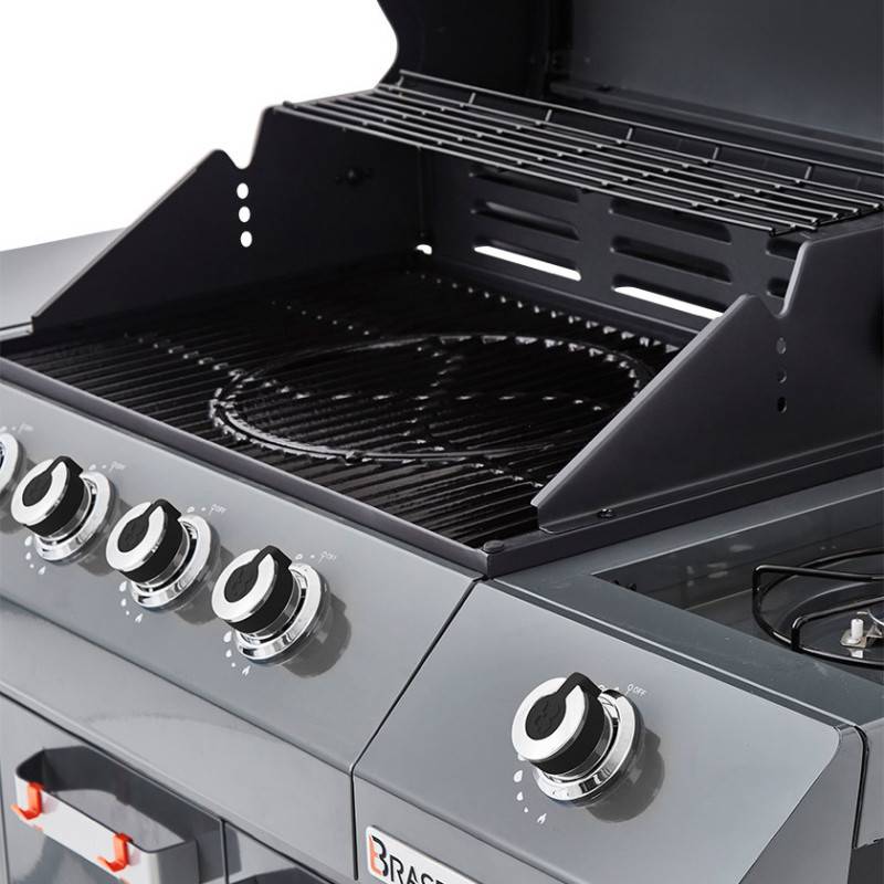BRASERO Barbecue Gaz Emma 4 + 1 Side – 4 Brûleurs + Brûleur Latéral, 15,1 KW, Grille Fonte 64x41,5 Cm, Système FLEXIGRILL – Pour 12 Personnes