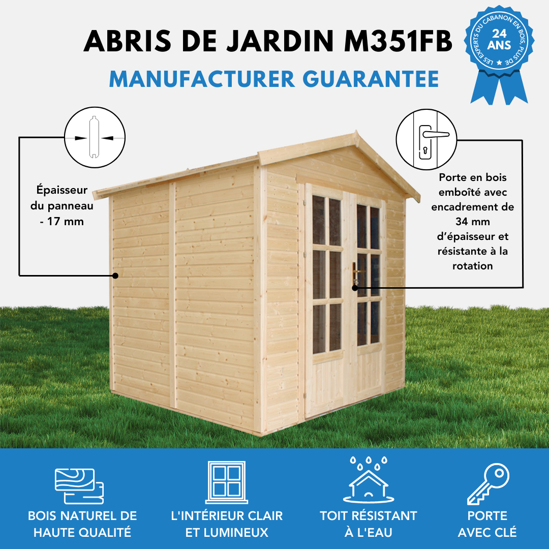 Timbela - Cabane en bois l233xP222xH233cm / 4 m² avec plancher - Maison de jardin en bois pour travailler - 17 mm d’épaisseur - Timbela M351FB - Image 8