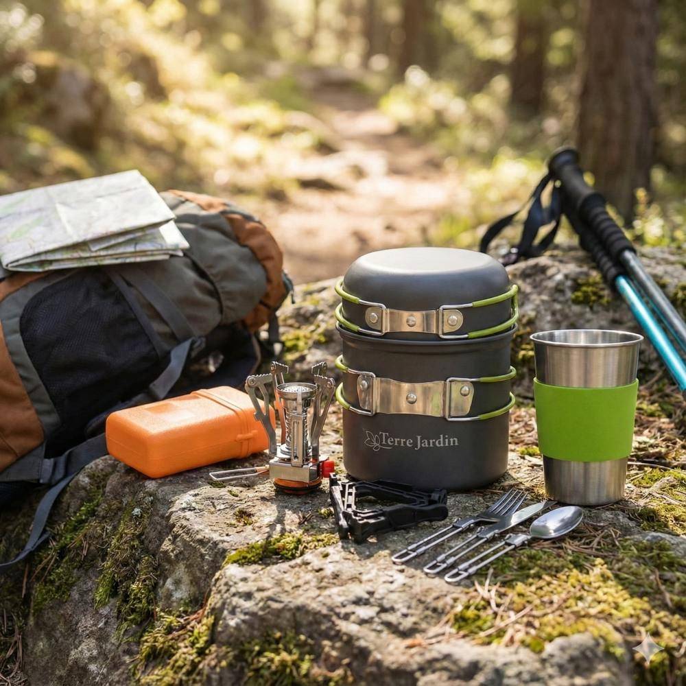 Kit popote camping 12 pieces TRAILGAZ PAN avec mini rechaud pliable 3000 W piezo casseroles antiadhesives tasse inox - Image 2