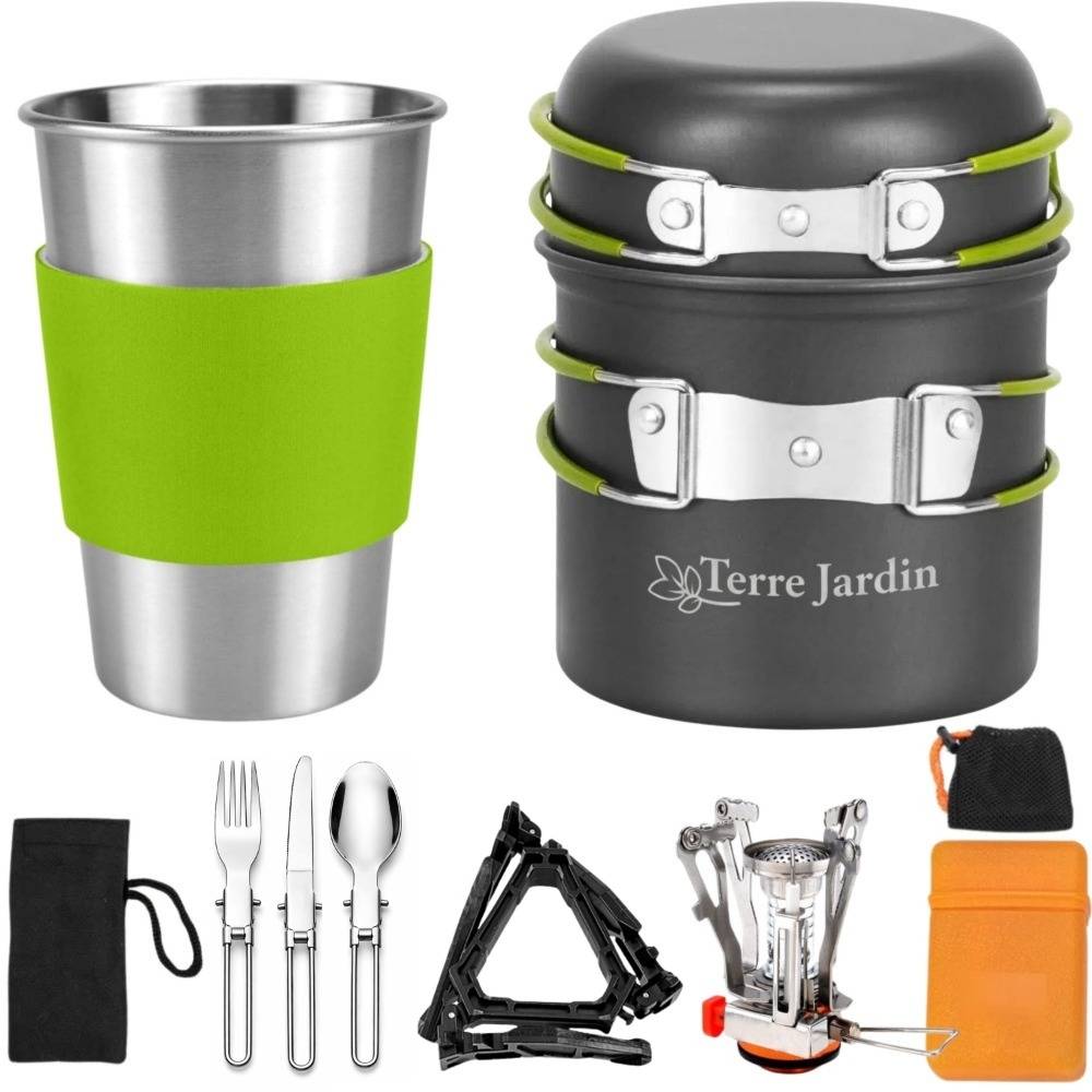 Kit popote camping 12 pieces TRAILGAZ PAN avec mini rechaud pliable 3000 W piezo casseroles antiadhesives tasse inox - Image 1
