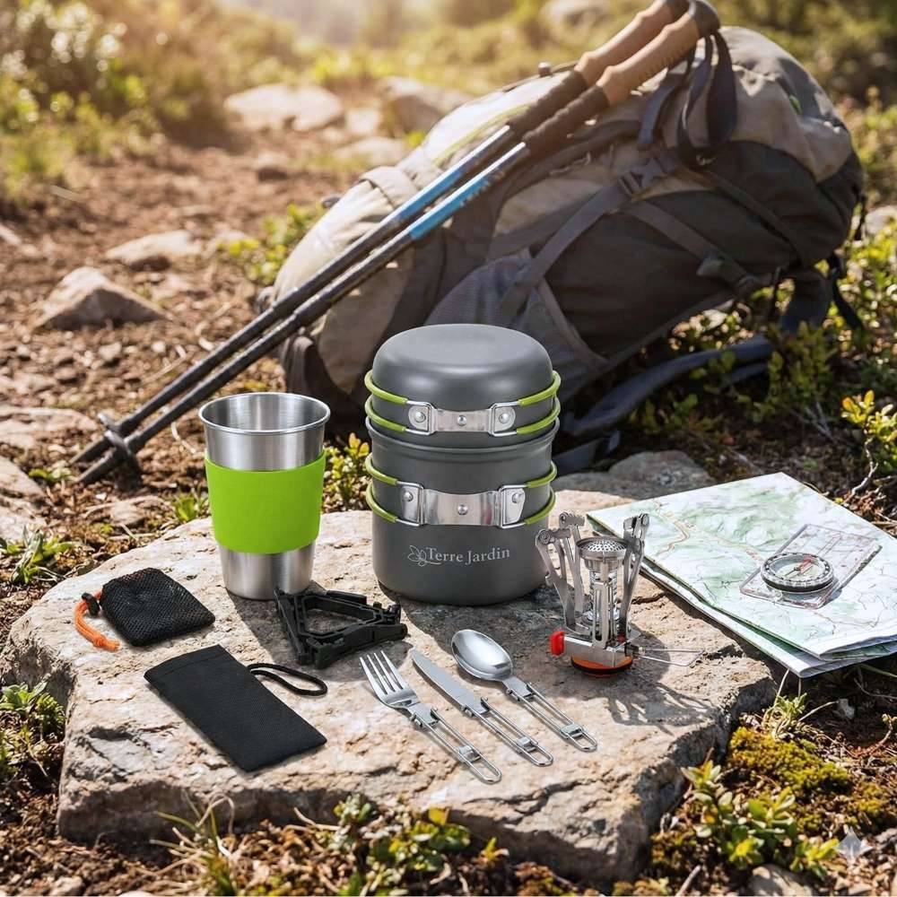 Kit popote camping 12 pieces TRAILGAZ PAN avec mini rechaud pliable 3000 W piezo casseroles antiadhesives tasse inox - Image 7