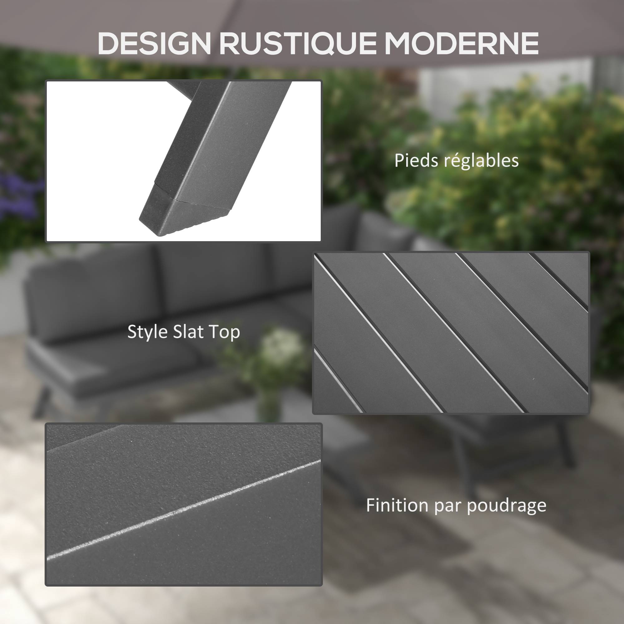 Ensemble Salon de Jardin d'angle Design Contemporain 5 Places Coussins Marron Table Basse alu. Noir et Imitation Bois - Image 9