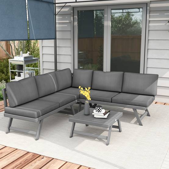 Ensemble Salon de Jardin d'angle Design Contemporain 5 Places Coussins Marron Table Basse alu. Noir et Imitation Bois - Image 3