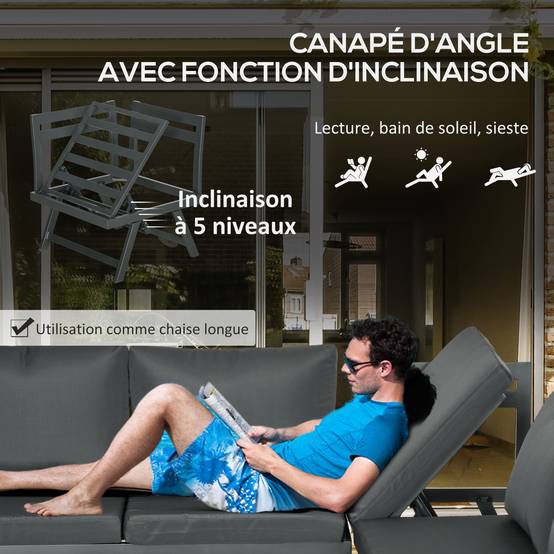 Ensemble Salon de Jardin d'angle Design Contemporain 5 Places Coussins Marron Table Basse alu. Noir et Imitation Bois - Image 8