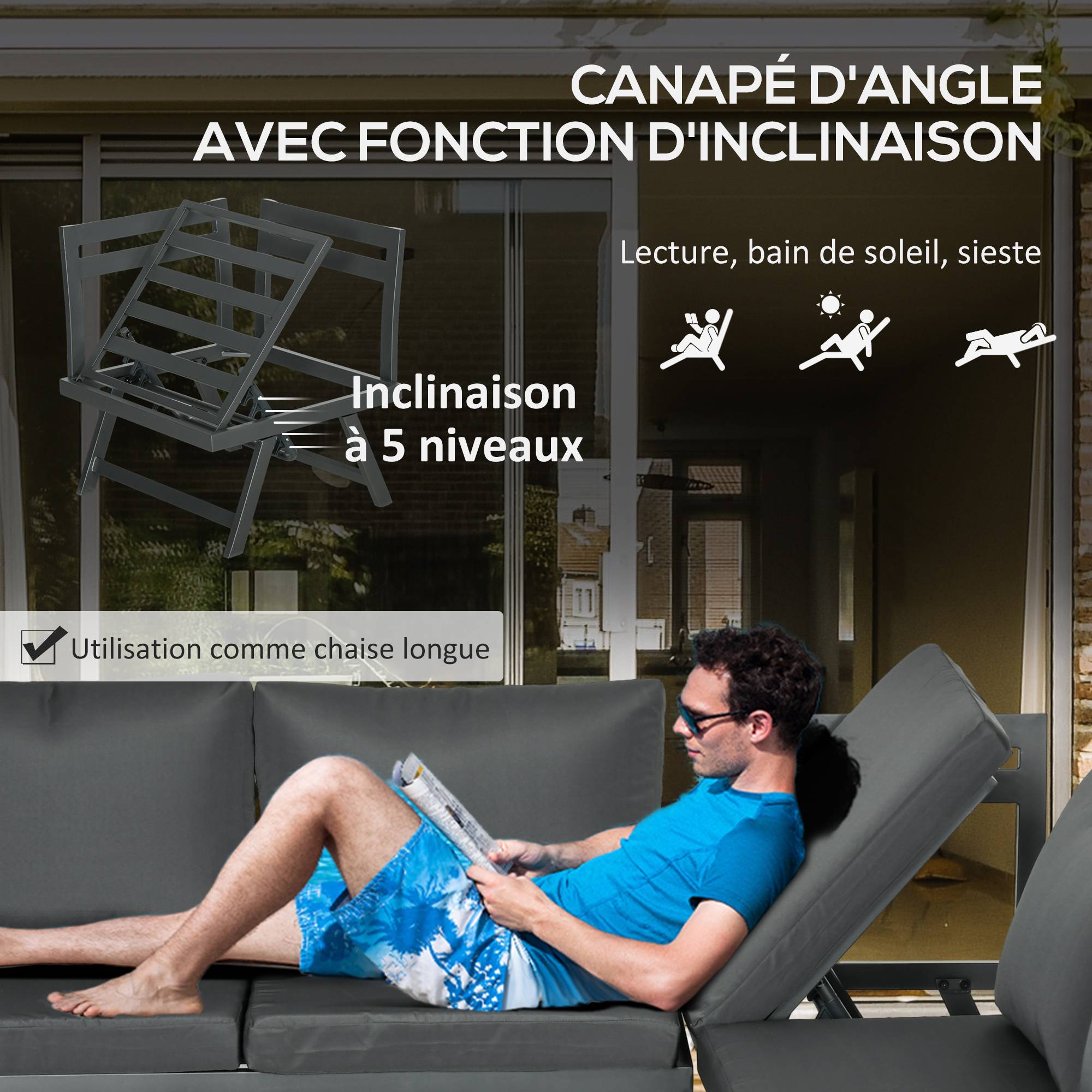 Ensemble Salon de Jardin d'angle Design Contemporain 5 Places Coussins Marron Table Basse alu. Noir et Imitation Bois - Image 8