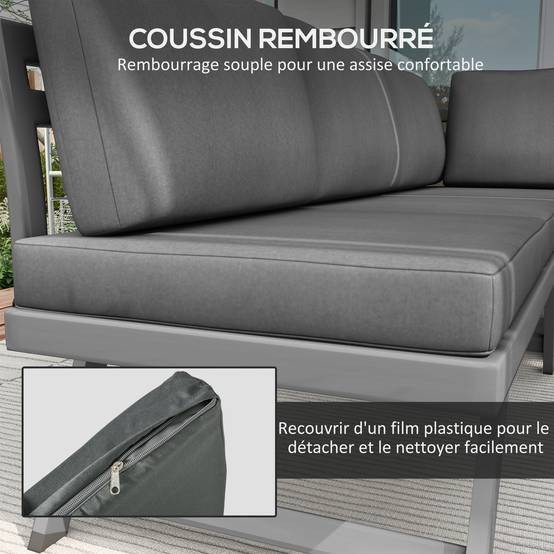 Ensemble Salon de Jardin d'angle Design Contemporain 5 Places Coussins Marron Table Basse alu. Noir et Imitation Bois - Image 7