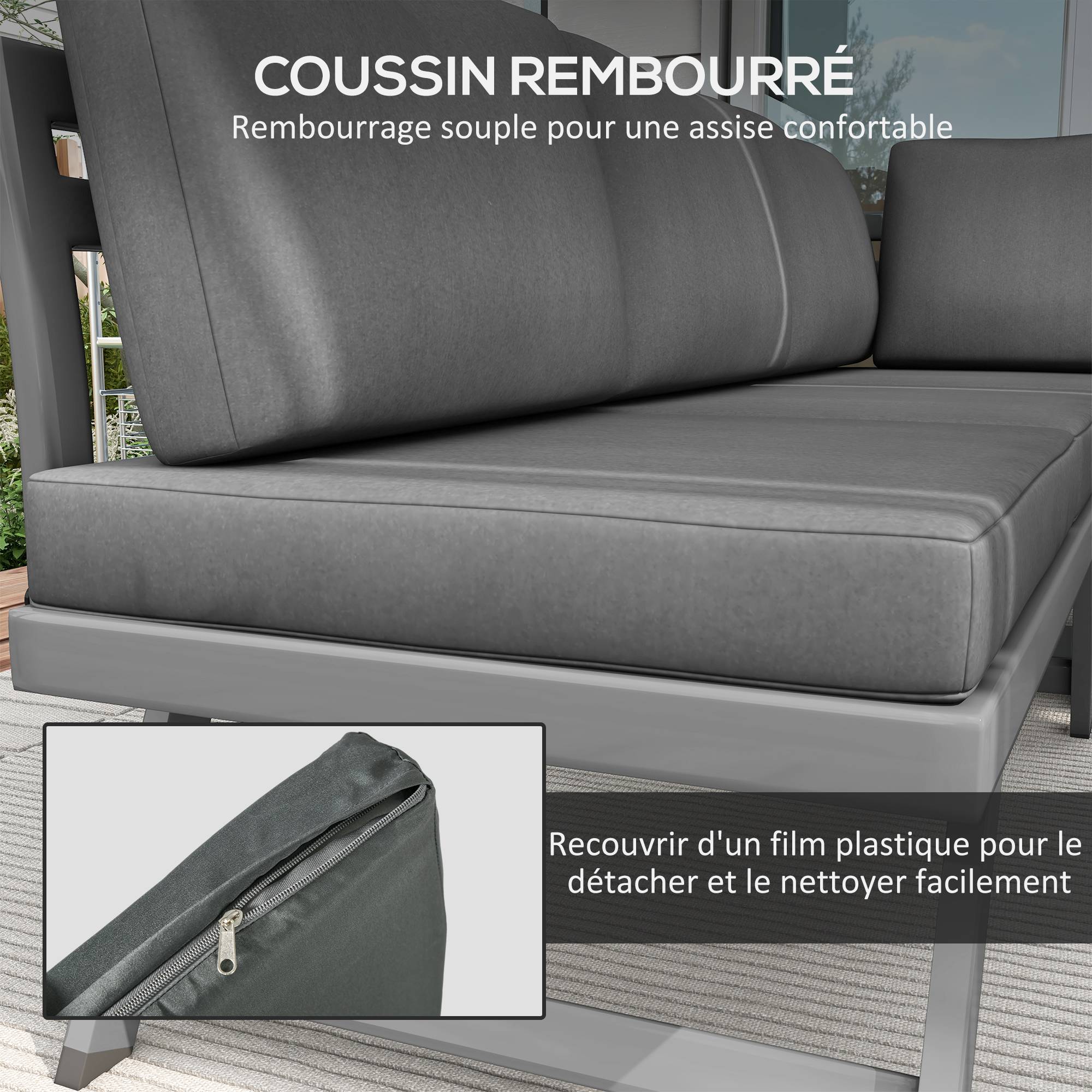 Ensemble Salon de Jardin d'angle Design Contemporain 5 Places Coussins Marron Table Basse alu. Noir et Imitation Bois - Image 7