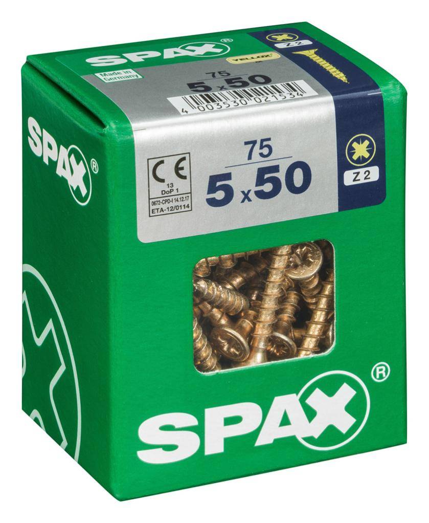 Spax - Lot de 75 vis acier tête fraisée pozidriv SPAX, Diam.5 mm x L.50 mm