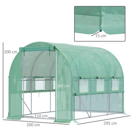 Serre de jardin tunnel serre tunnel 6 m² avec 6 fenêtres porte enroulable toile PE structure en acier galvanisé vert - Image 5