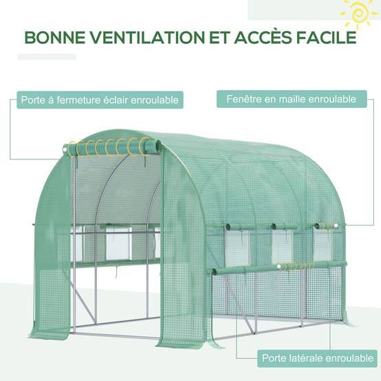 Serre de jardin tunnel serre tunnel 6 m² avec 6 fenêtres porte enroulable toile PE structure en acier galvanisé vert - Image 6