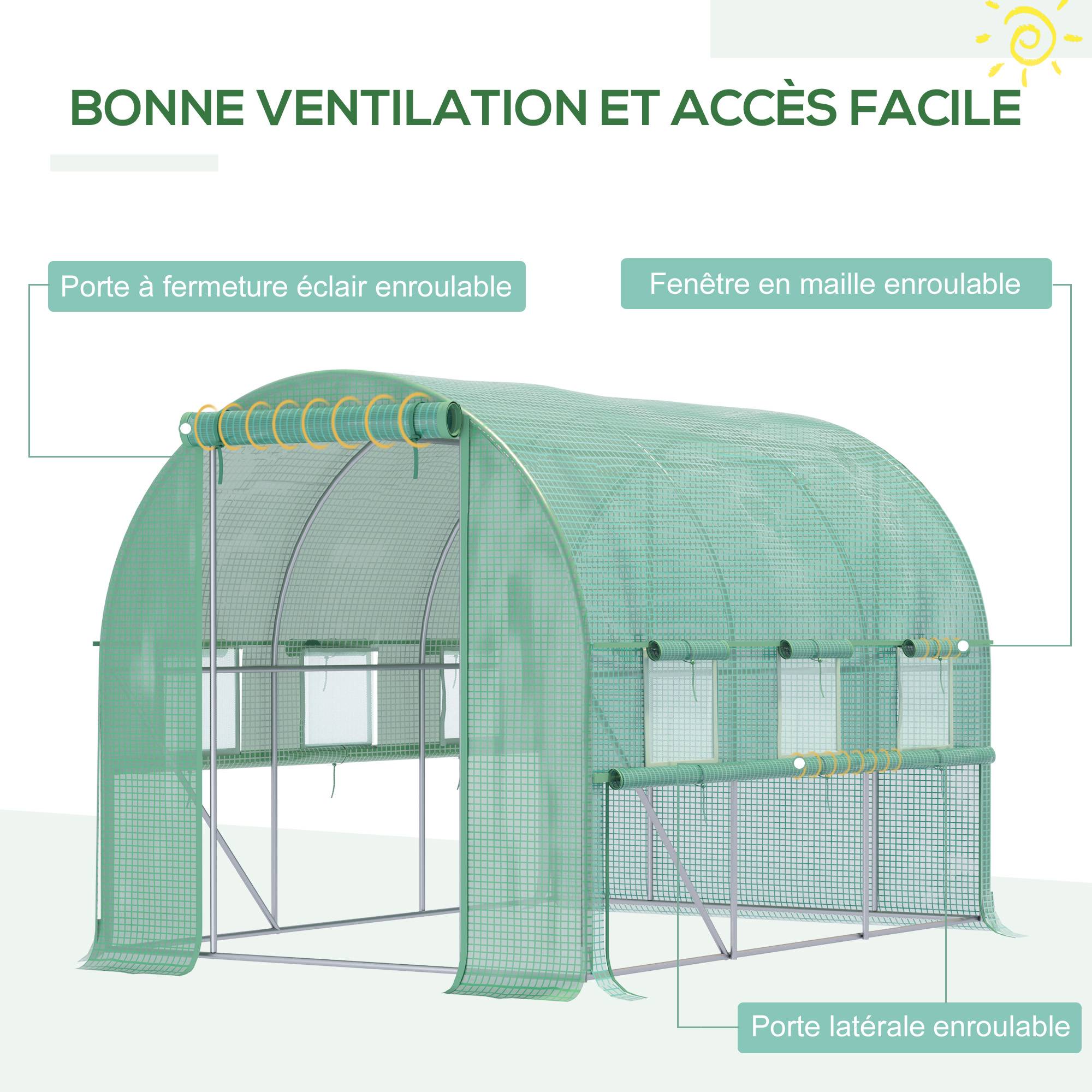 Serre de jardin tunnel serre tunnel 6 m² avec 6 fenêtres porte enroulable toile PE structure en acier galvanisé vert - Image 6