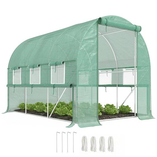 Serre de jardin tunnel serre tunnel 6 m² avec 6 fenêtres porte enroulable toile PE structure en acier galvanisé vert - Image 1