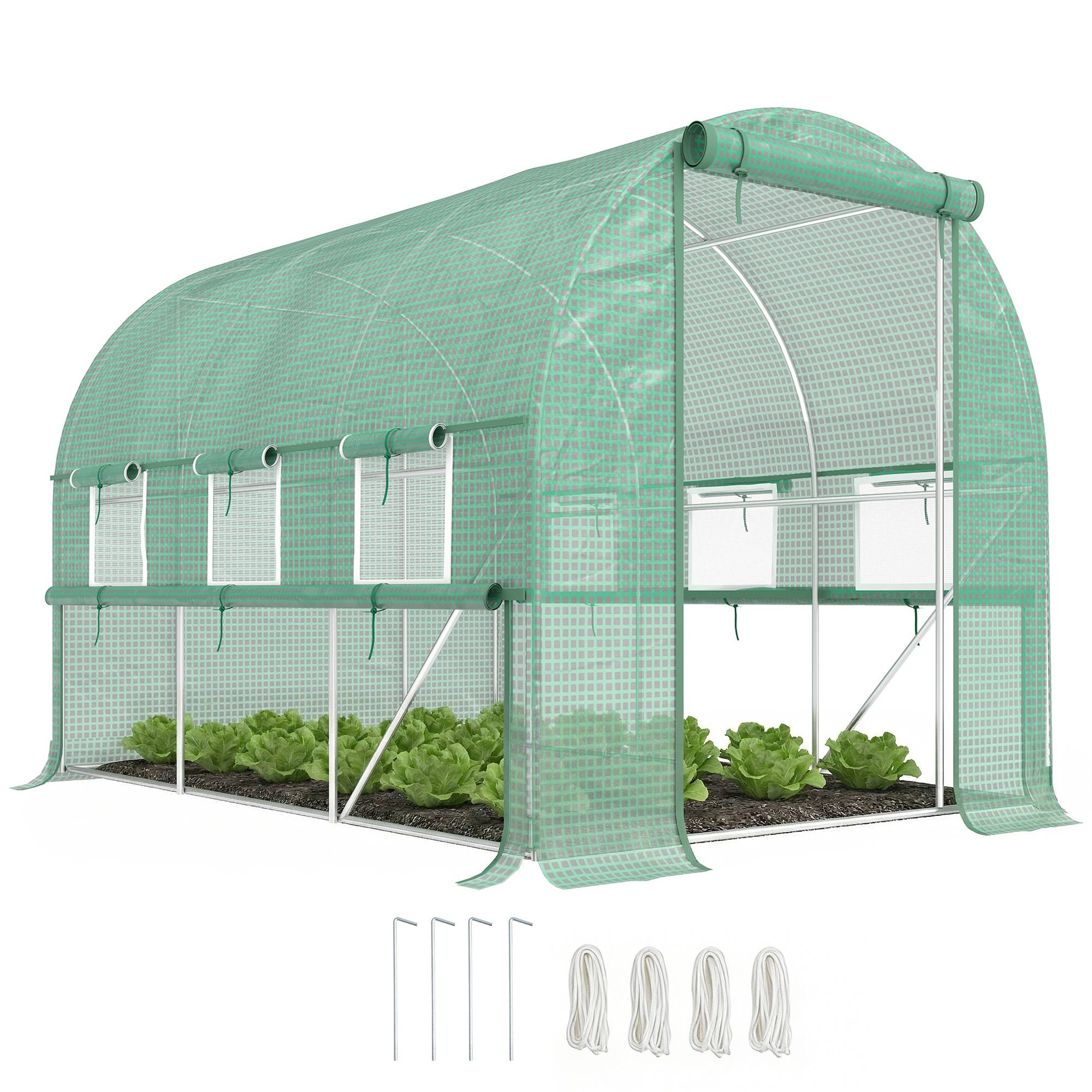 Serre de jardin tunnel serre tunnel 6 m² avec 6 fenêtres porte enroulable toile PE structure en acier galvanisé vert - Image 1