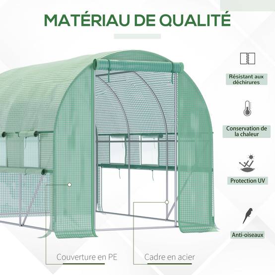 Serre de jardin tunnel serre tunnel 6 m² avec 6 fenêtres porte enroulable toile PE structure en acier galvanisé vert - Image 7
