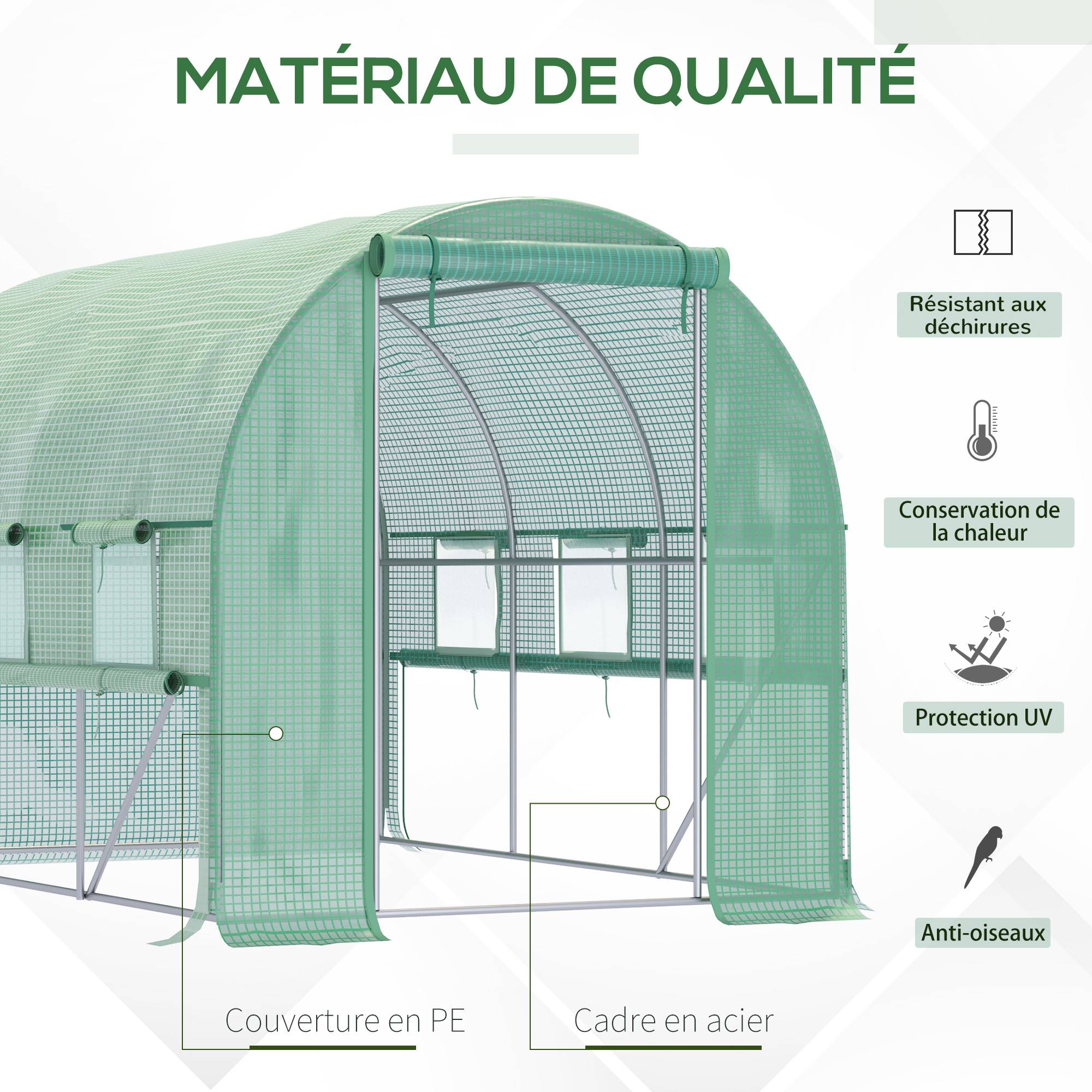 Serre de jardin tunnel serre tunnel 6 m² avec 6 fenêtres porte enroulable toile PE structure en acier galvanisé vert - Image 7