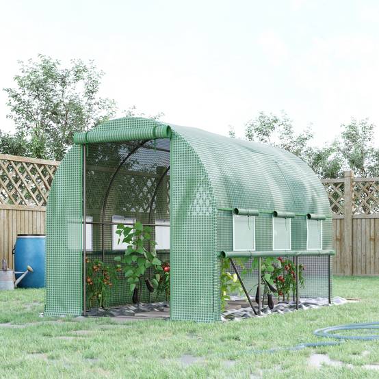 Serre de jardin tunnel serre tunnel 6 m² avec 6 fenêtres porte enroulable toile PE structure en acier galvanisé vert - Image 3