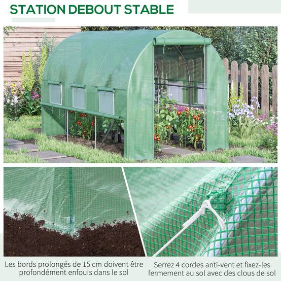 Serre de jardin tunnel serre tunnel 6 m² avec 6 fenêtres porte enroulable toile PE structure en acier galvanisé vert - Image 8
