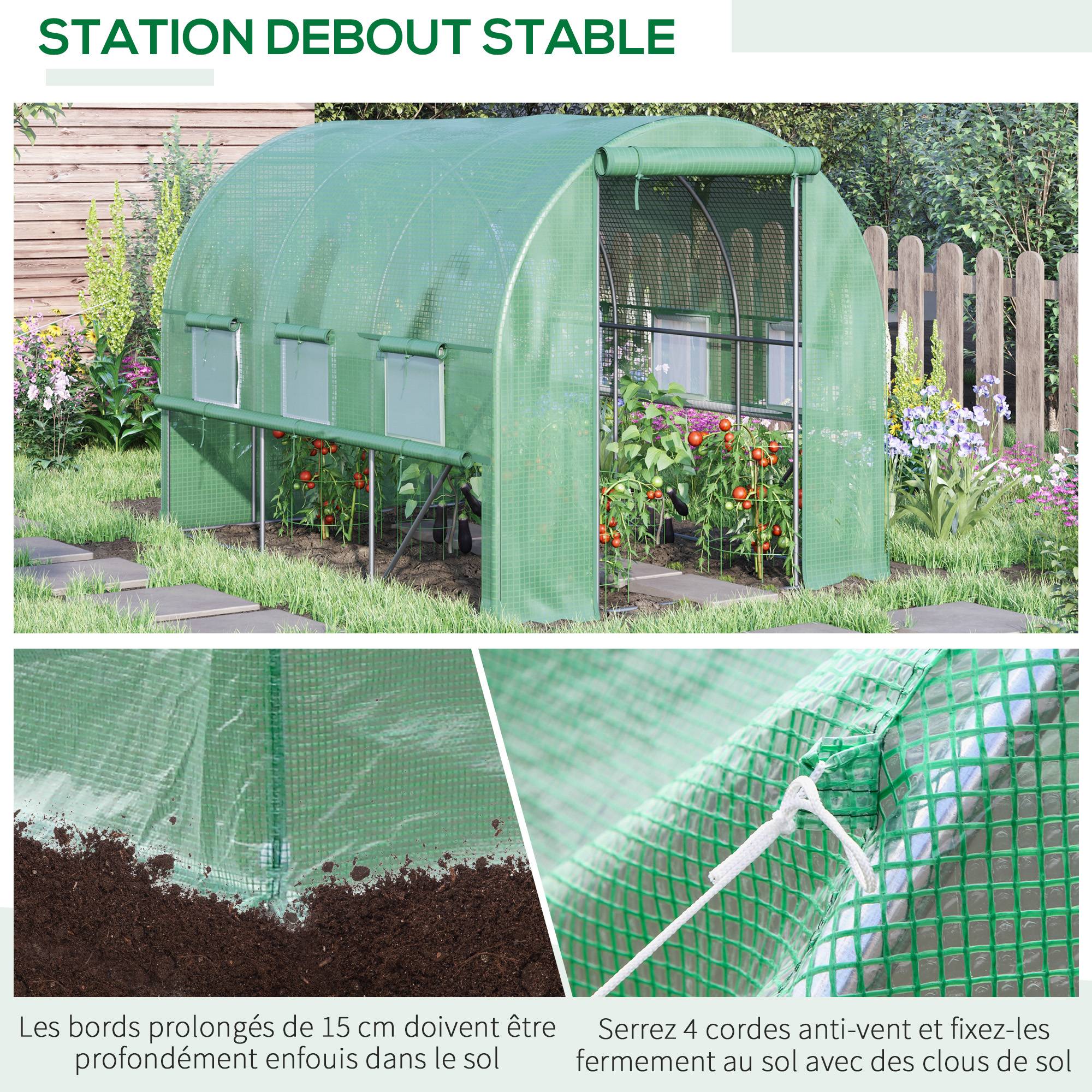Serre de jardin tunnel serre tunnel 6 m² avec 6 fenêtres porte enroulable toile PE structure en acier galvanisé vert - Image 8