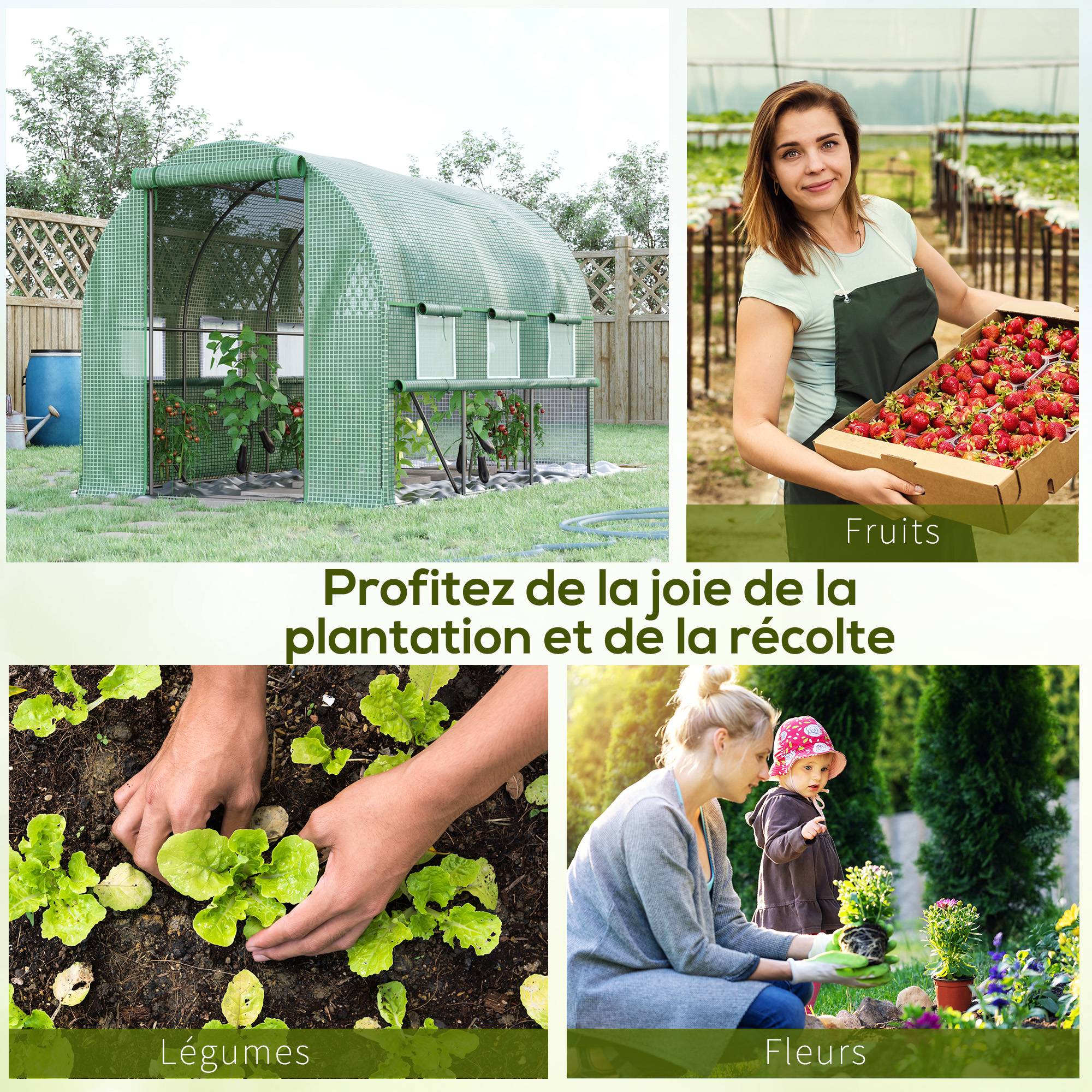 Serre de jardin tunnel serre tunnel 6 m² avec 6 fenêtres porte enroulable toile PE structure en acier galvanisé vert - Image 9