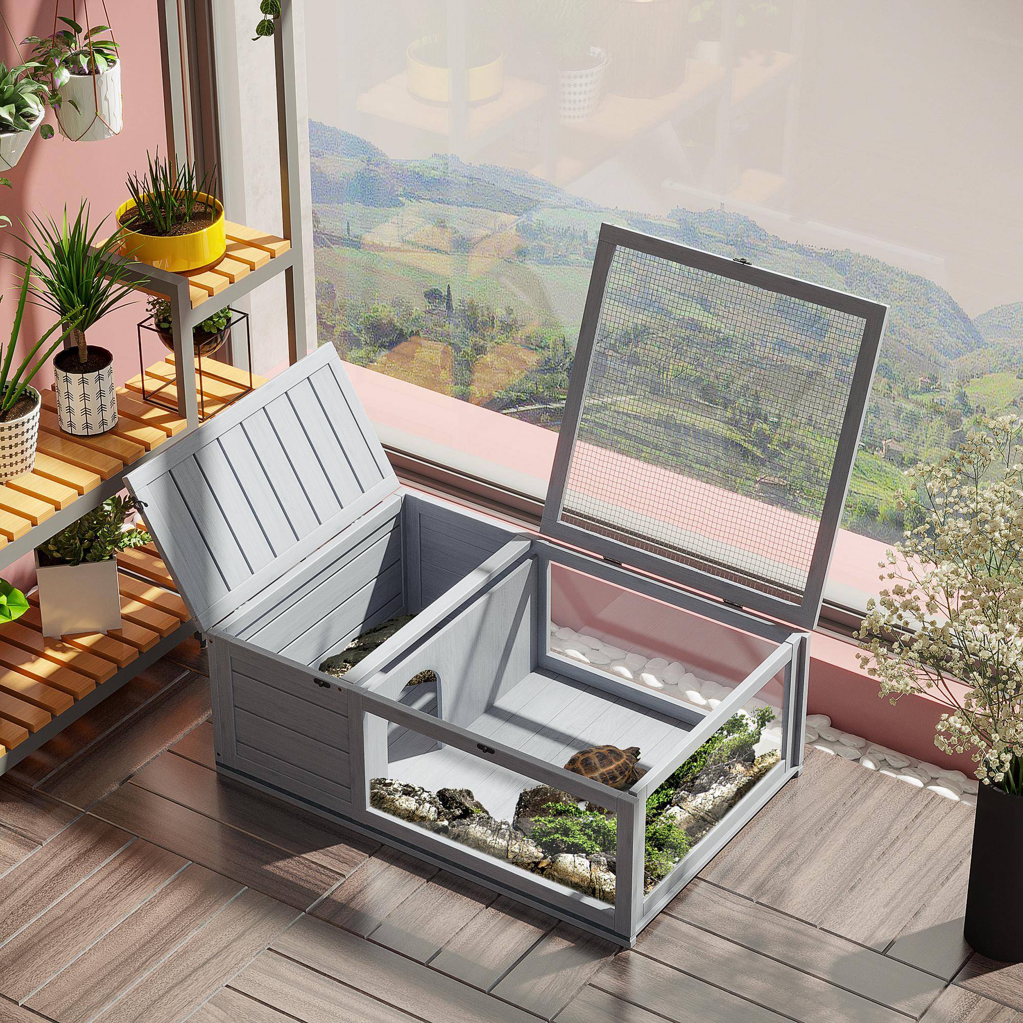Maison enclos cage habitat pour petit animal tortues avec 2 espaces 91 x 60,5 x 32 cm bois massif gris - Image 4