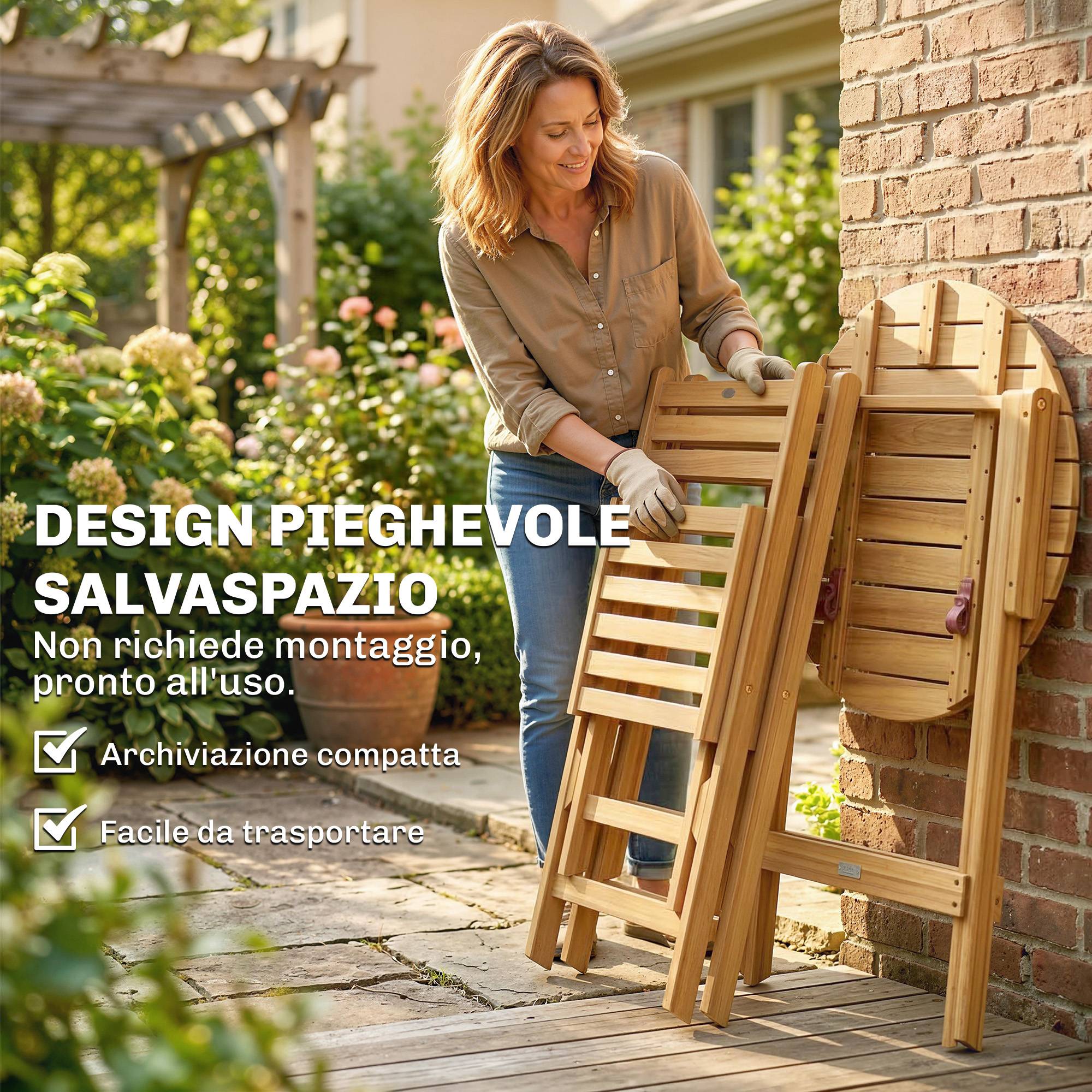Ensemble extérieur 3 pcs, 2 chaises pliantes et table ronde bois d'acacia - Image 7