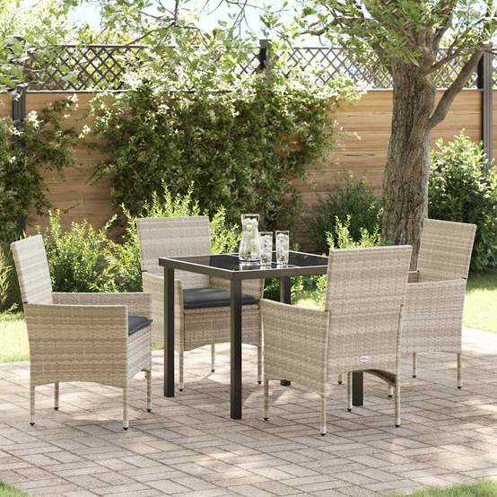 Ensemble repas 4 personnes Résine tressée et Acier Table en verre avec coussins Gris clair – ComfortXL Outdoor Living - Image 1