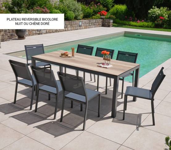 Ozalide - Ensemble table et chaises de jardin 8 places Chêne doré et Nuit TIMOREUR - Image 2