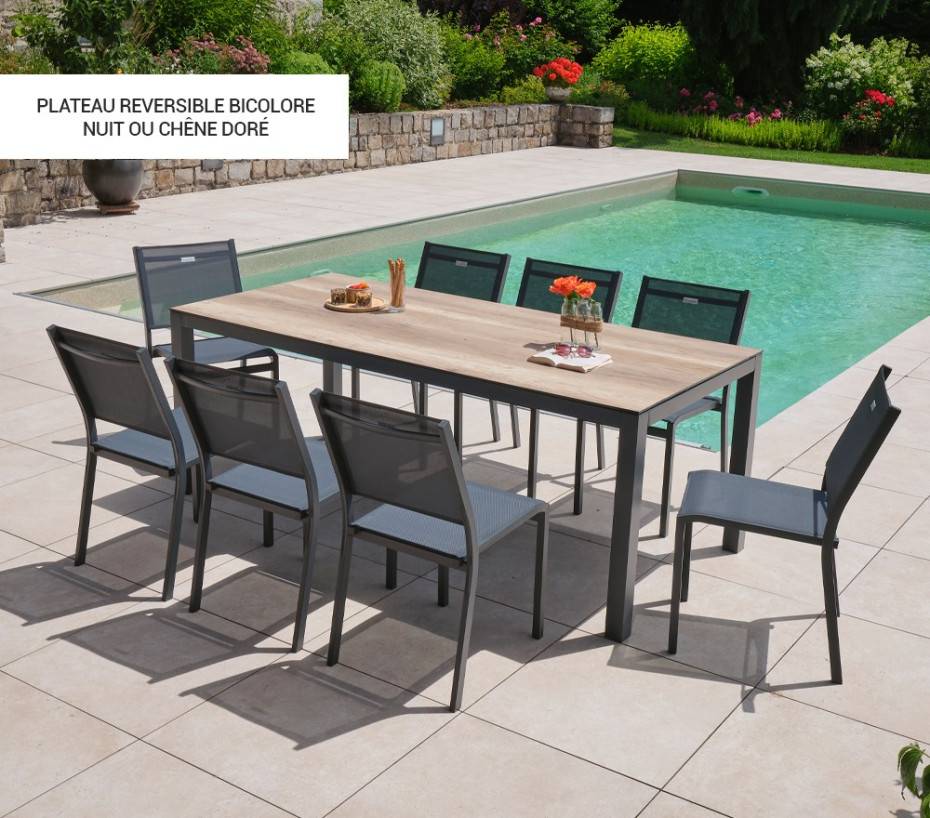 Ozalide - Ensemble table et chaises de jardin  8 places  Chêne doré et Nuit  TIMOREUR - Image 2