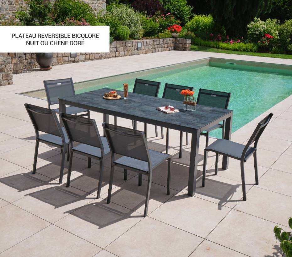 Ozalide - Ensemble table et chaises de jardin 8 places Chêne doré et Nuit TIMOREUR - Image 1