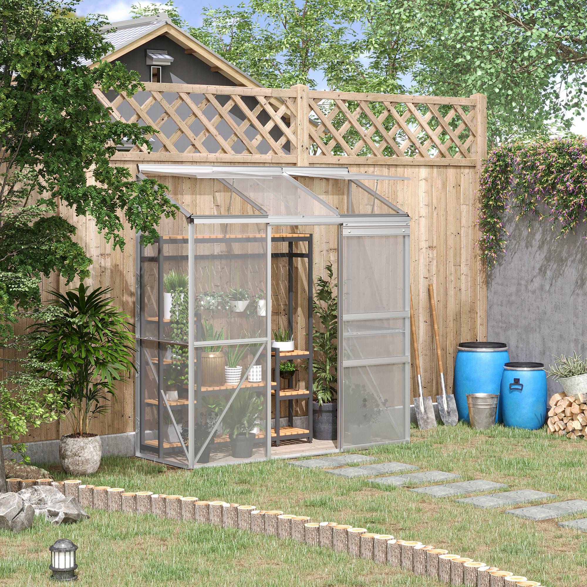 Sans Marque - Serre adossée polycarbonate aluminium porte coulissante fenêtre toit 192x68x196 cm serre jardin argent extérieur - Image 3