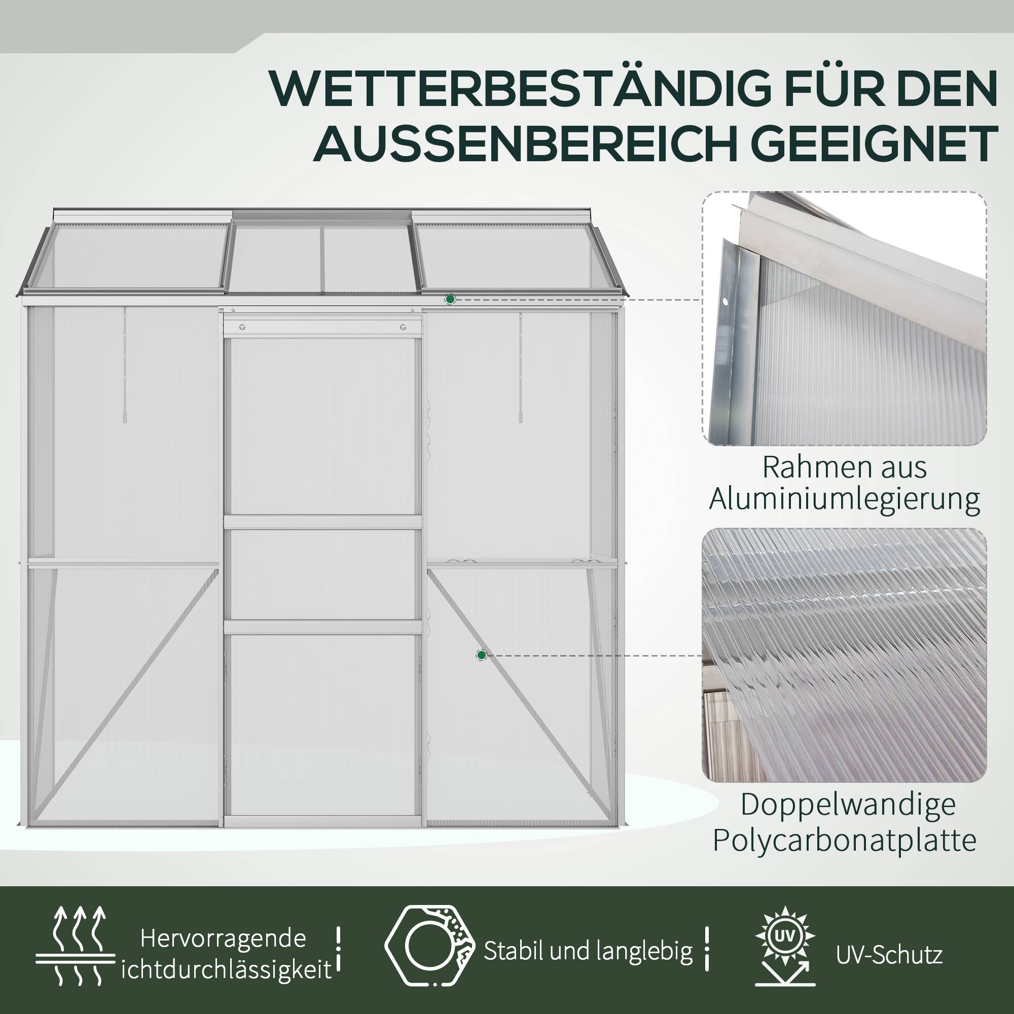 Sans Marque - Serre adossée polycarbonate aluminium porte coulissante fenêtre toit 192x68x196 cm serre jardin argent extérieur - Image 9