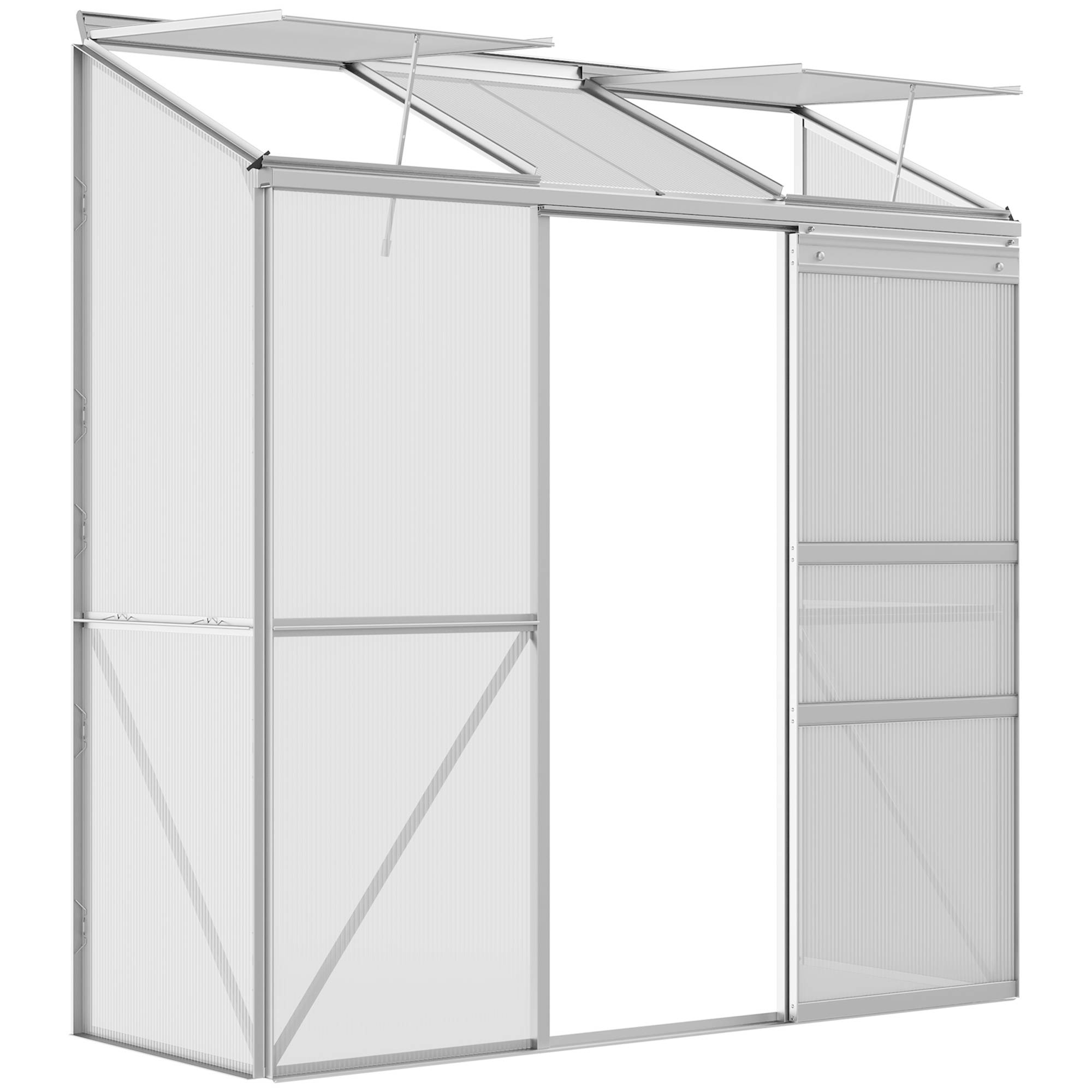 Sans Marque - Serre adossée polycarbonate aluminium porte coulissante fenêtre toit 192x68x196 cm serre jardin argent extérieur - Image 1