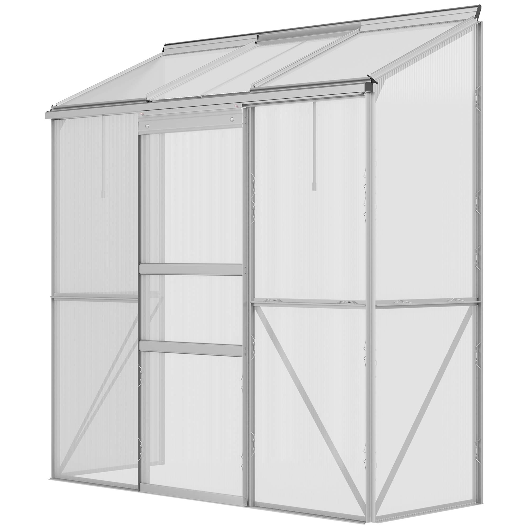 Sans Marque - Serre adossée polycarbonate aluminium porte coulissante fenêtre toit 192x68x196 cm serre jardin argent extérieur - Image 2