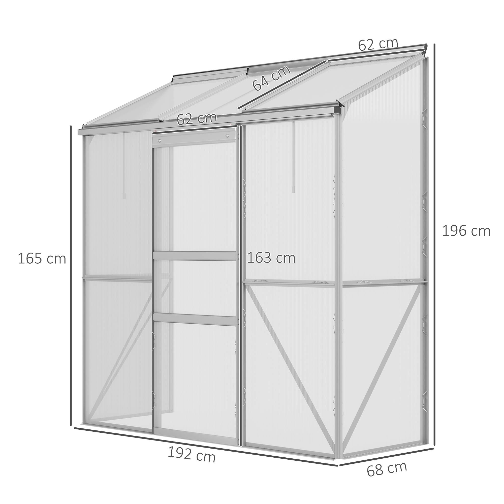 Sans Marque - Serre adossée polycarbonate aluminium porte coulissante fenêtre toit 192x68x196 cm serre jardin argent extérieur - Image 5