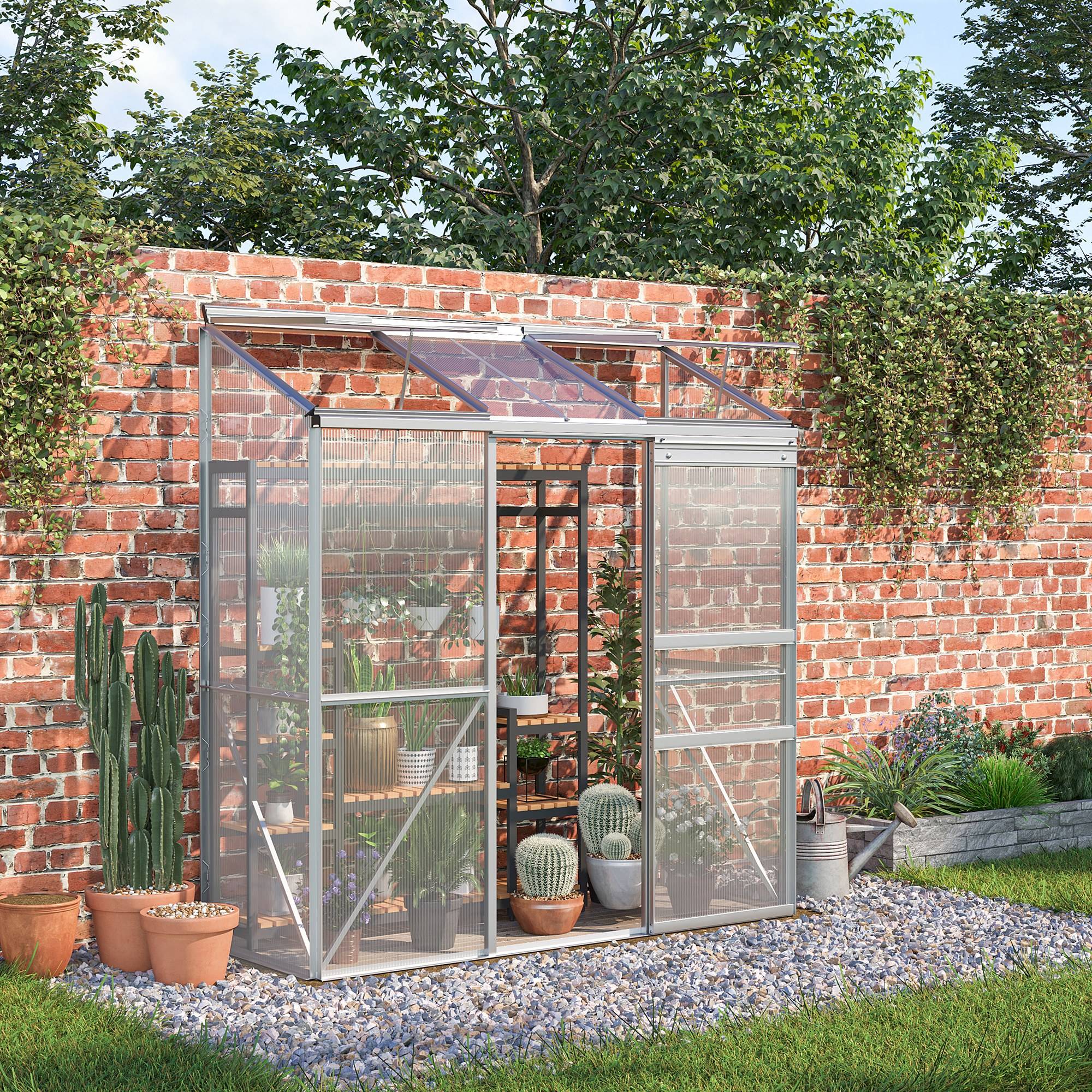 Sans Marque - Serre adossée polycarbonate aluminium porte coulissante fenêtre toit 192x68x196 cm serre jardin argent extérieur - Image 4