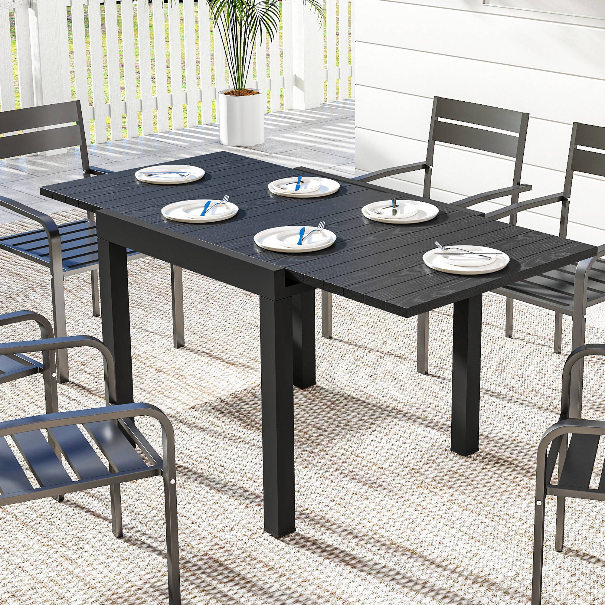 Outsunny - Table de jardin extensible 4-6 personnes rallonge auto-stockée alu effet bois - 80-160 x 80 cm - noir - Image 2