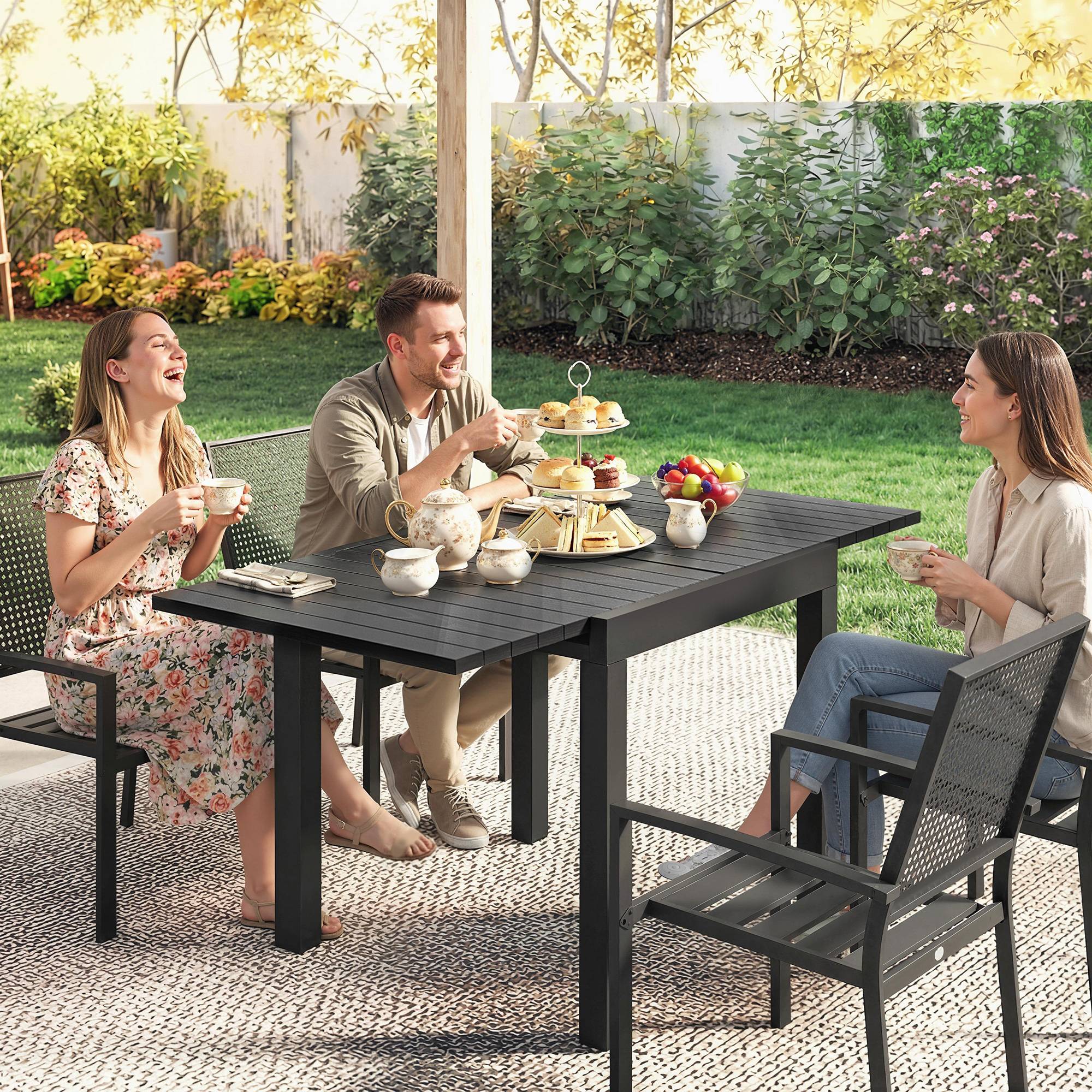 Outsunny - Table de jardin extensible 4-6 personnes rallonge auto-stockée alu effet bois - 80-160 x 80 cm - noir - Image 4