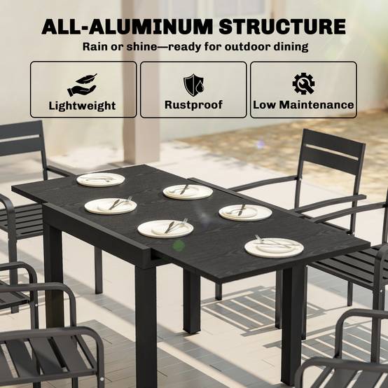 Outsunny - Table de jardin extensible 4-6 personnes rallonge auto-stockée alu effet bois - 80-160 x 80 cm - noir - Image 9
