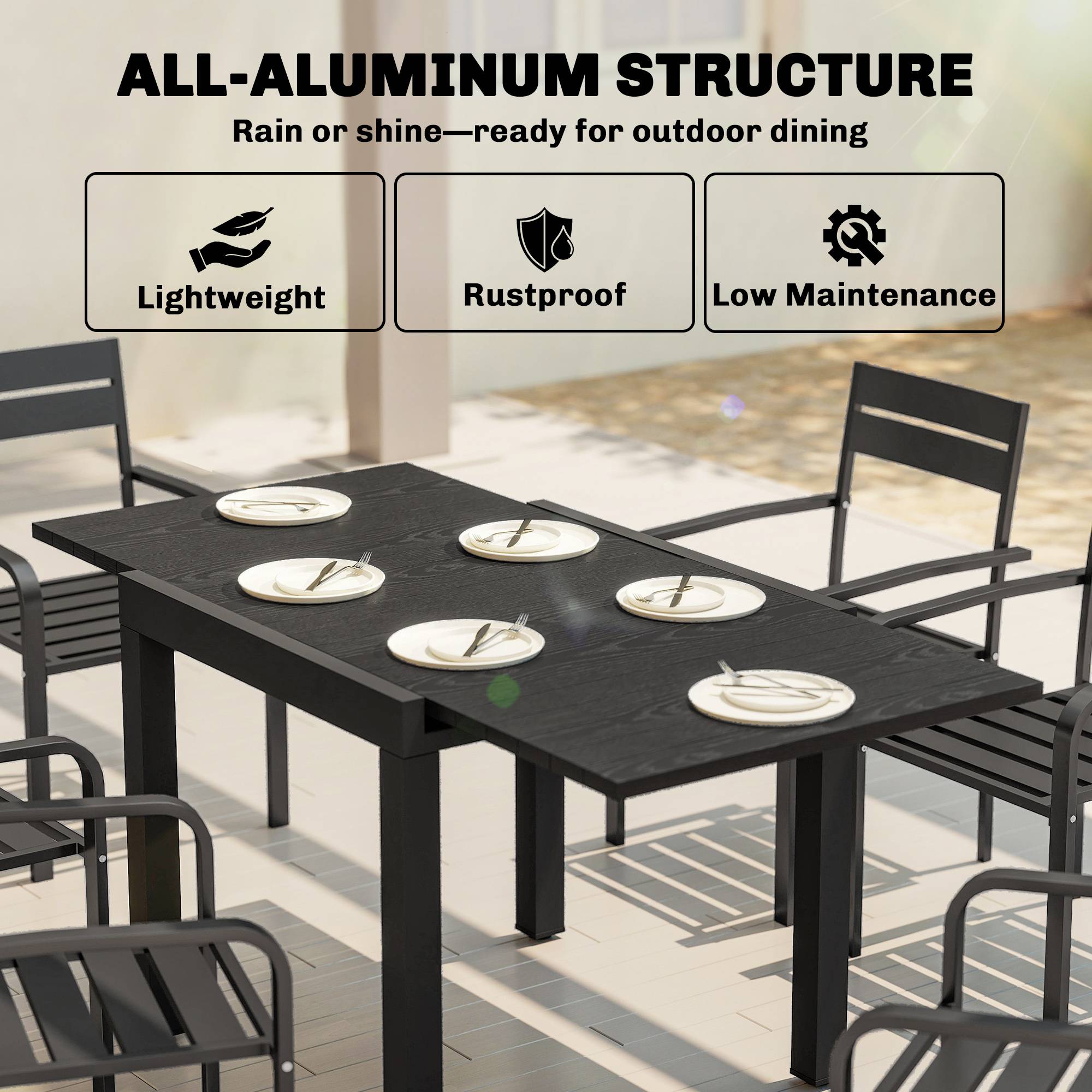Outsunny - Table de jardin extensible 4-6 personnes rallonge auto-stockée alu effet bois - 80-160 x 80 cm - noir - Image 9